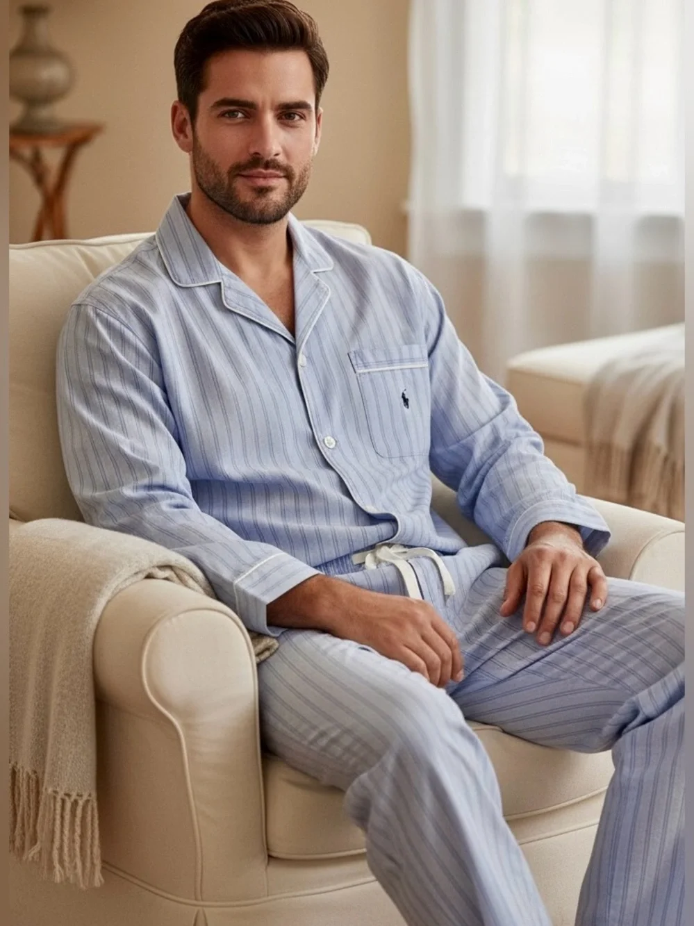 Polo Ralph Lauren Men’s L Blue Stripe Cotton Pajama Set Sleepwear Lounge